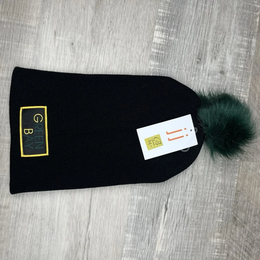Jovan Jane Green Bay Packers Hat Beanie Adult Black Green Gold‎ Pom New Tags $44